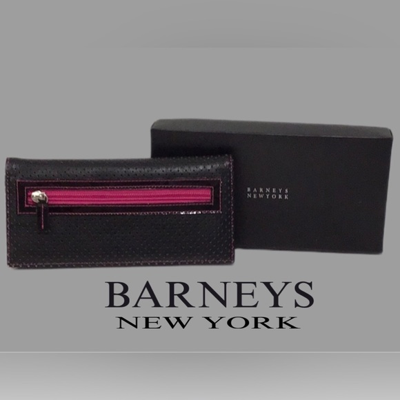 NIB Barneys New York Leather Tri-Fold Wallet, Perforated,‎ Black/Fuschia, #19588 - Picture 1 of 8